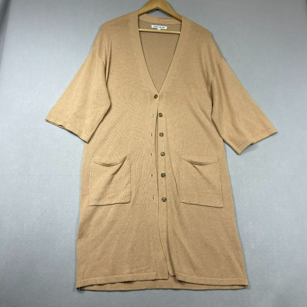 Elizabeth & James Long Duster Cardigan Womens M Camel Tan Button Kimono Sleeve - Picture 1 of 8